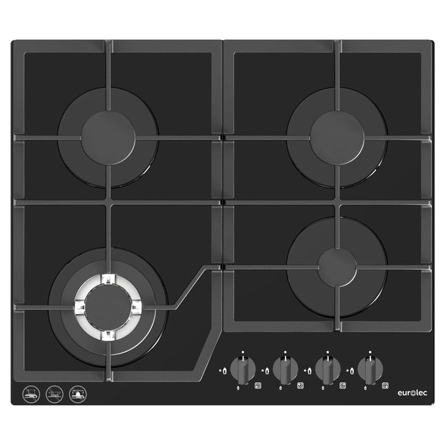 Eurolec 60cm 4 Burner with Wok Black Glass Gas Cooktop CTGAS60