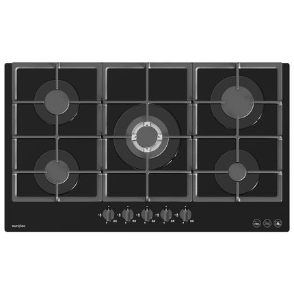 Eurolec 90cm 5 Burner with Wok Black Glass Gas Cooktop CT-GAS90
