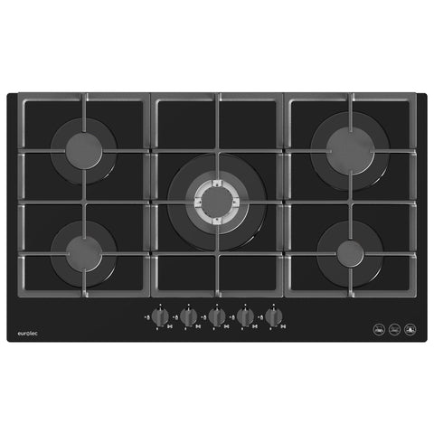 Eurolec 90cm 5 Burner with Wok Black Glass Gas Cooktop CT-GAS90