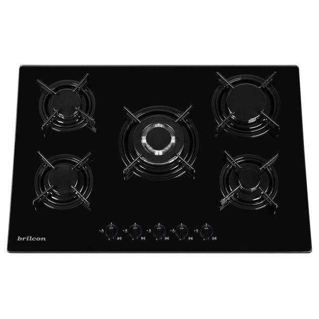 Brilcon 70cm 5 Burner with Wok Black Glass Gas Cooktop GAS-70GE