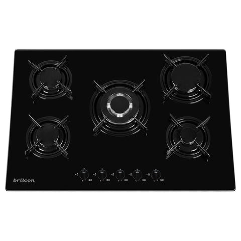 Brilcon 70cm 5 Burner with Wok Black Glass Gas Cooktop GAS-70GE