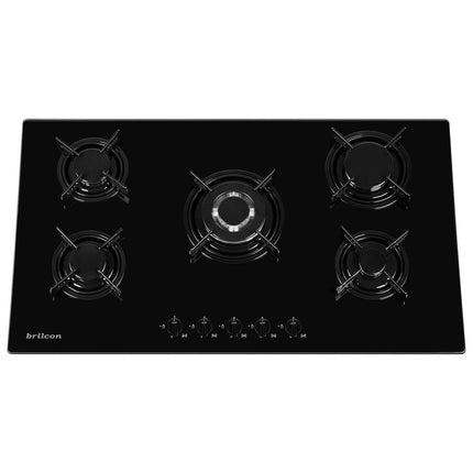 Brilcon 90cm 5 Burner with Wok Black Glass Gas Cooktop GAS-90GE