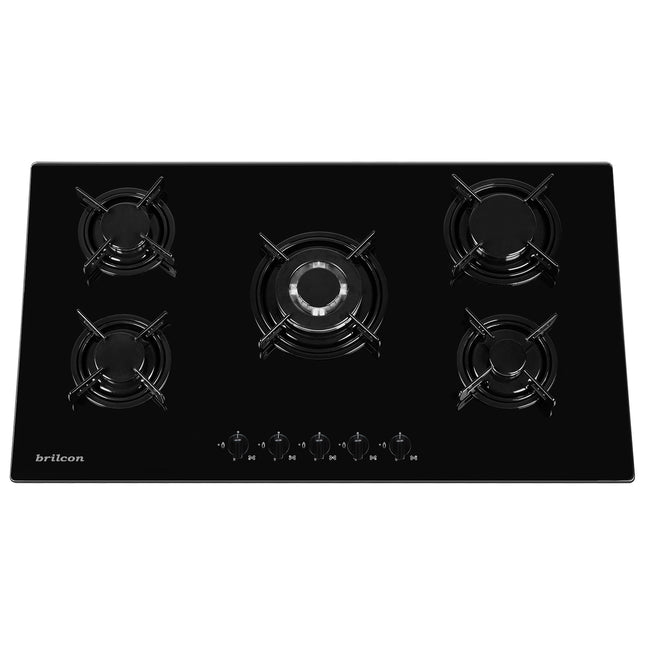 Brilcon 90cm 5 Burner with Wok Black Glass Gas Cooktop GAS-90GE