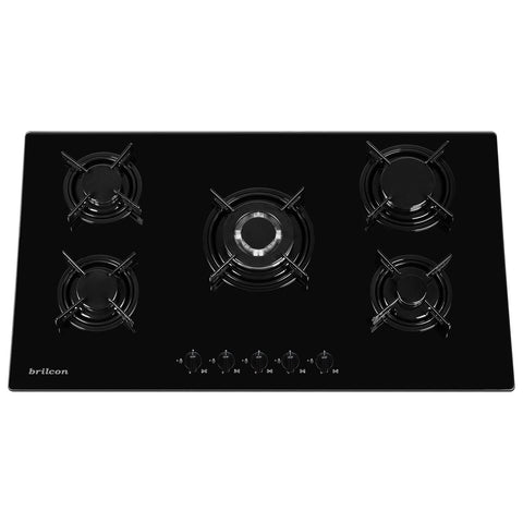 Brilcon 90cm 5 Burner with Wok Black Glass Gas Cooktop GAS-90GE